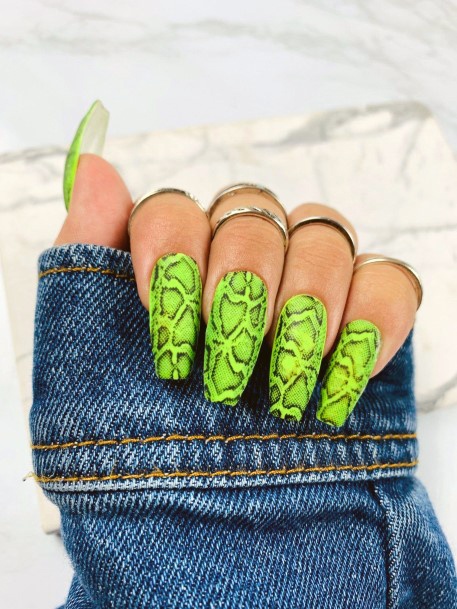 Neon Green Snake Print Art On Nails