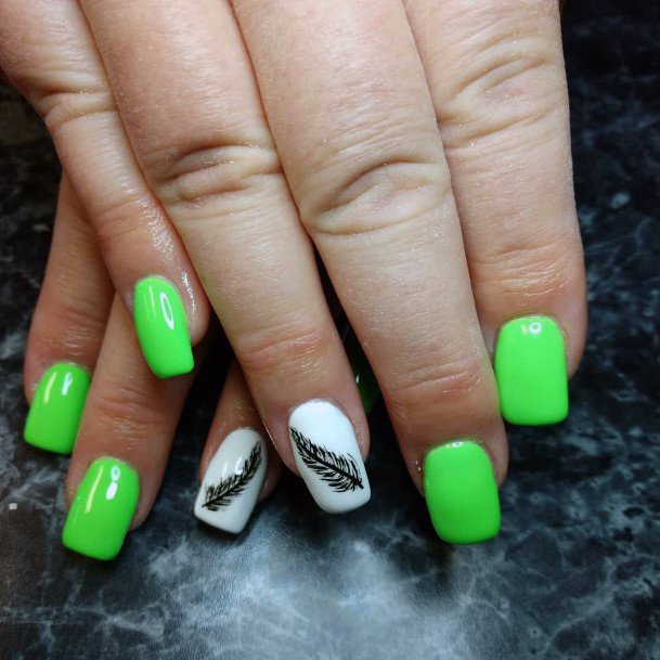 Neon Green Square Nails With Black Feather Design