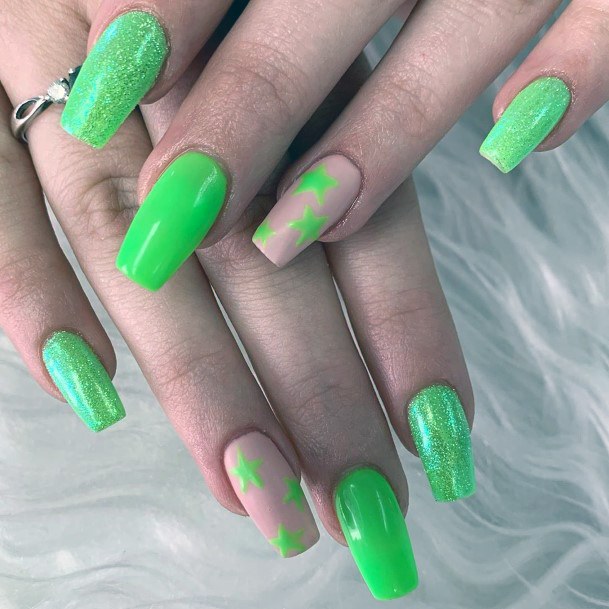 Neon Green Stars And Glitters Nail Art