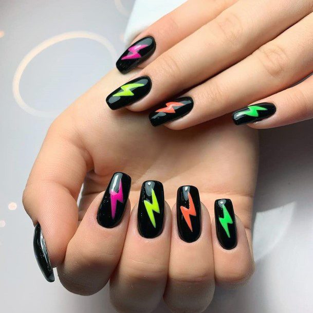 Neon Lightening Stamp On Black Nails Women