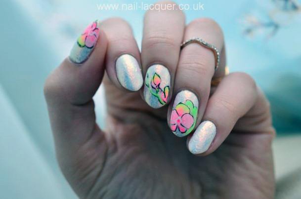 Neon Orchids On White Nail Design