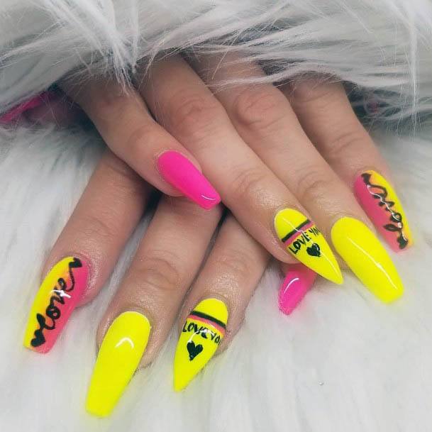 Neon Yellow And Pink Love Nails Women