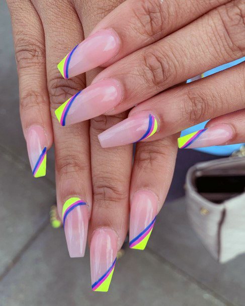 Neon Yellow Art On Clear Pink Nails Women