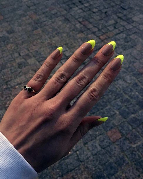 Neon Yellow At Tips Of Nails Women