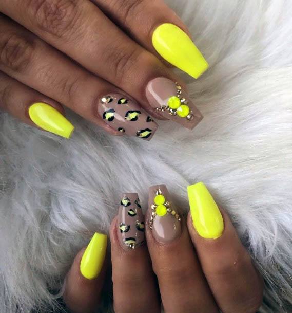 Neon Yellow Leopard Print And Sparkles Nails Women