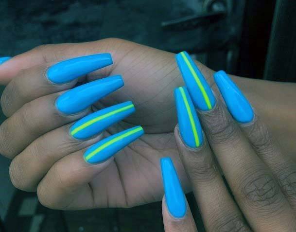Neon Yellow Lines On Bright Blue Nails For Women
