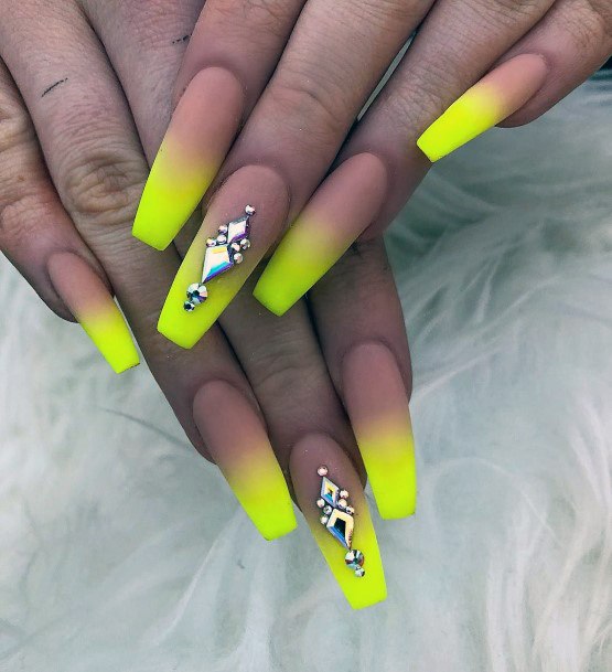 Neon Yellow Nails Ombre Effect For Women With Diamonds