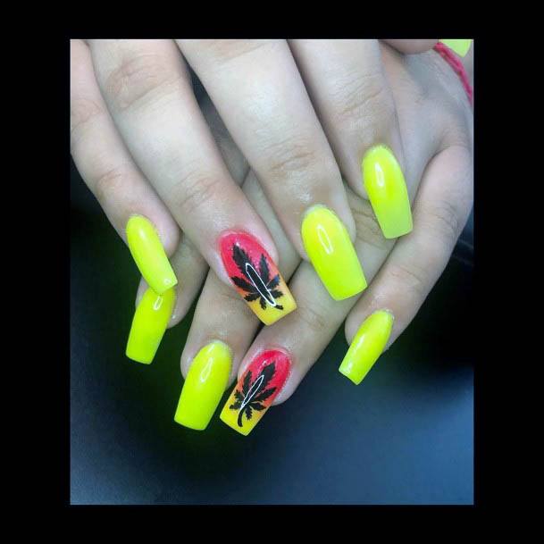 Neon Yellow Nails With Autumn Leaves Women