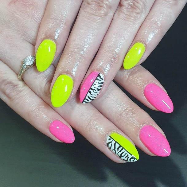 Neon Yellow Pink Nails With Leopard Print Women