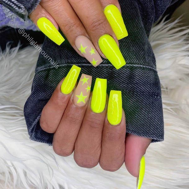 Neon Yellow Star Nails For Women