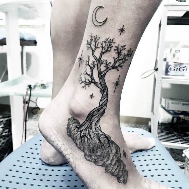 New Moon And Tree Tattoo Womens Ankles