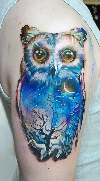 New Moon Forest On Owl Tattoo Womens Thighs