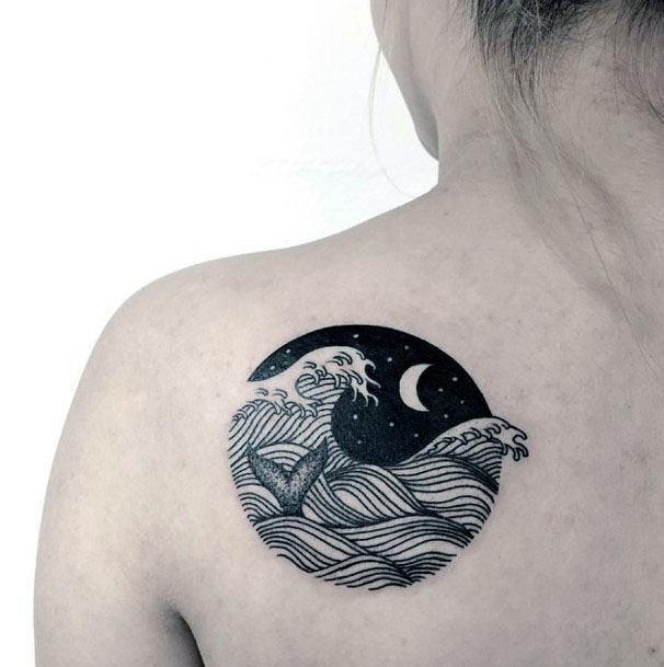 New Moon Night Waves Tattoo Womens Shoulder