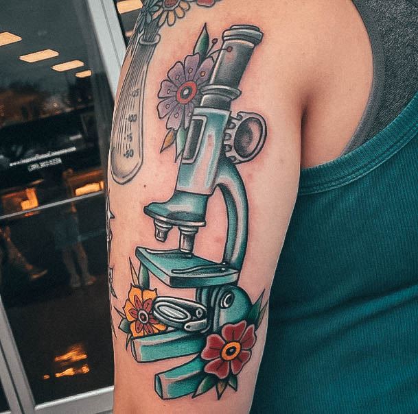 New School Color Upper Arm Microscope Tattoo For Women