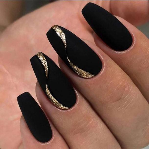 Nice Matte Black And Gold Nails For Women