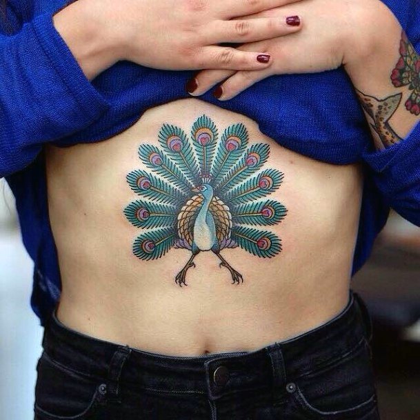 Nice Peacock Bird Tattoo Womens Torso