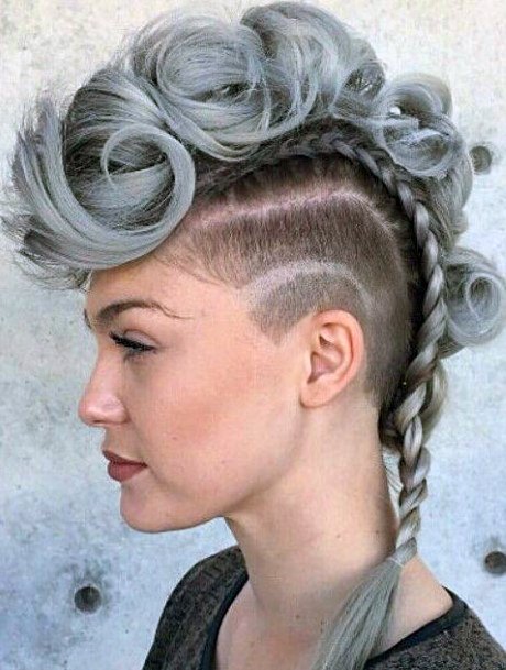 Nice Short Shaved Racing Stripes With Grey Mohawk Hairstyle For Mature Women