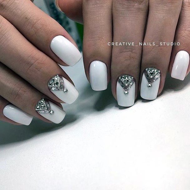 Nice White With Rhinestones Nails For Women