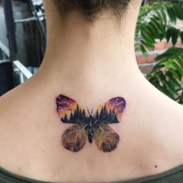 Night Landscape On Butterfly Wings Tattoo Womens Back