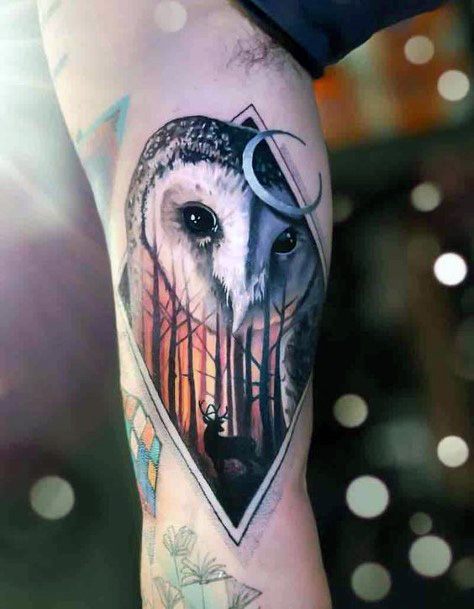 Night Time Deer And Owl Tattoo For Women