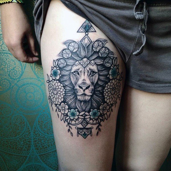 Noble Lion Tattoo Womens Thighs