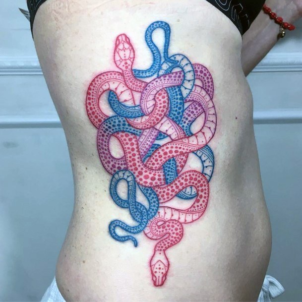 Noodle Like Blue And Pink Snake Tattoo Womens Torso