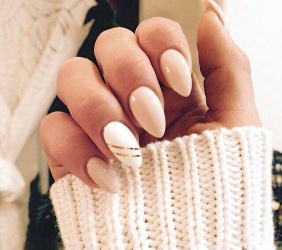 Nude Nails And An Accent White One With Two Thing Gold Stripes Almond Shape