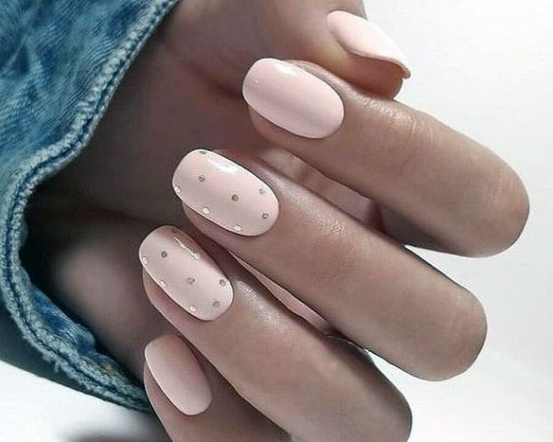 Nude Nails With Silver Polka Dots