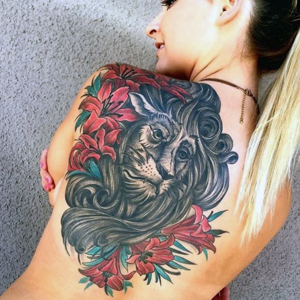Old And Wise Lion With Florals Womens Back Tattoo