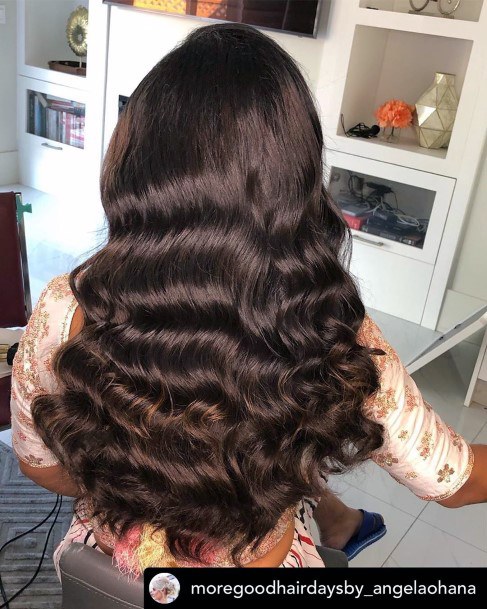 Old Hollywood Waves Glam Inspired Curls On Long Brunette Womans Hair