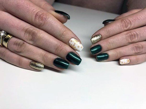 Olive Green Nails With White And Gold Accent Women