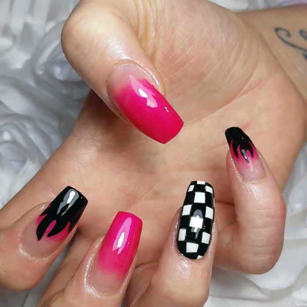 Ombre Pink And Dark Checkered Nails Women