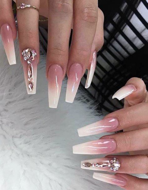 Ombre Pink White Crystallized Long Nails Women