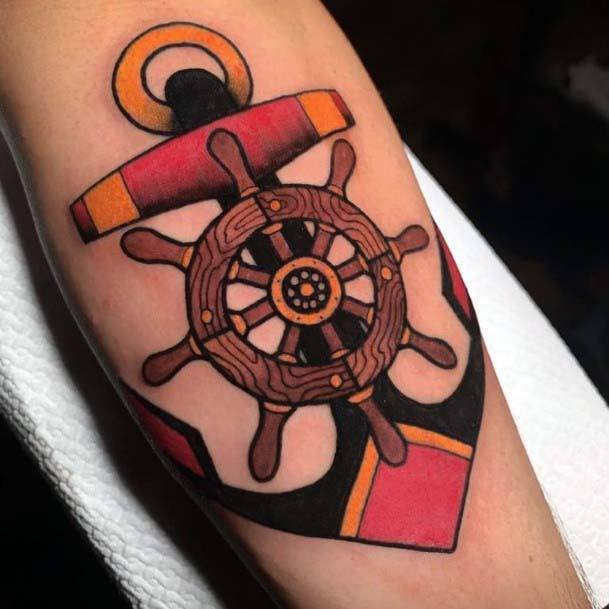 Orange And Black Anchor Tattoo Womens Arms