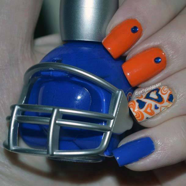 Orange And Blue Crystals And Heart Nails For Women