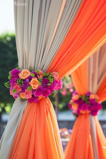 Orange And White Fabric Decorated With Flowers Indian Wedding Art