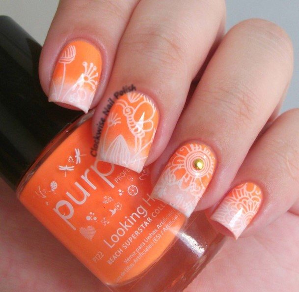 Orange And White Womens Feminine Orange And White Nails