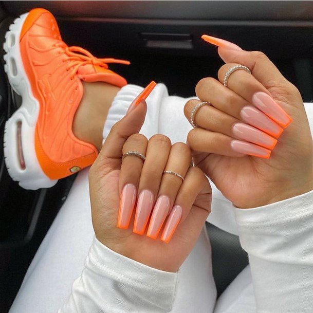 Orange Bordered Nude Long Nails For Women