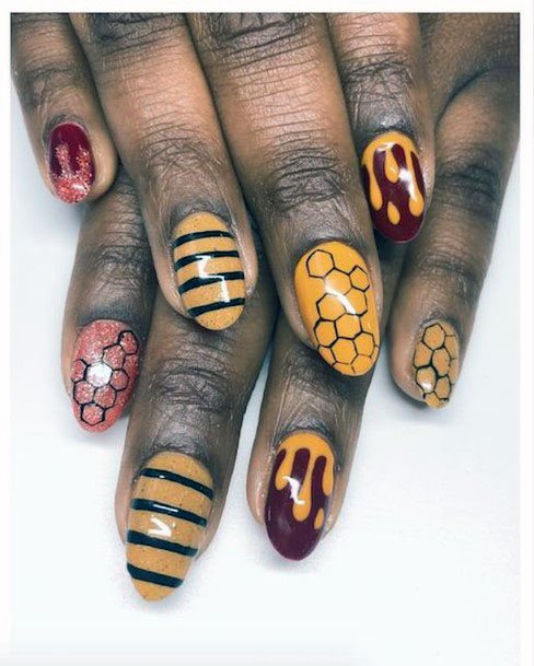 Orange Brown Honeyed Effect On Nails For Women Bee Art