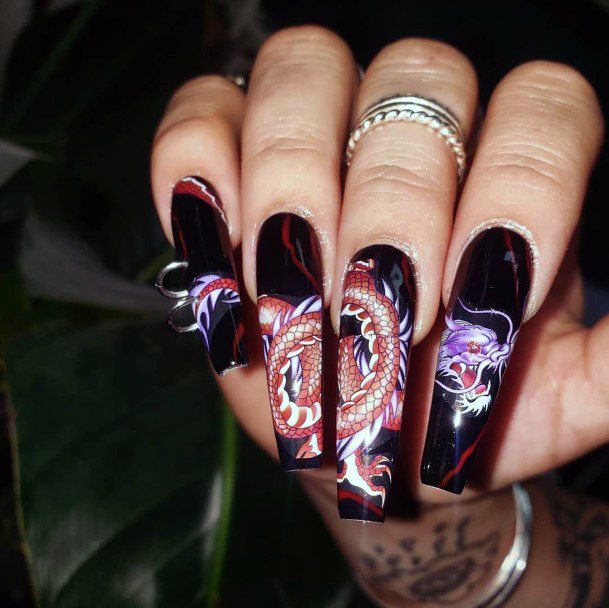 Orange Cobra Art On Black Nails Women