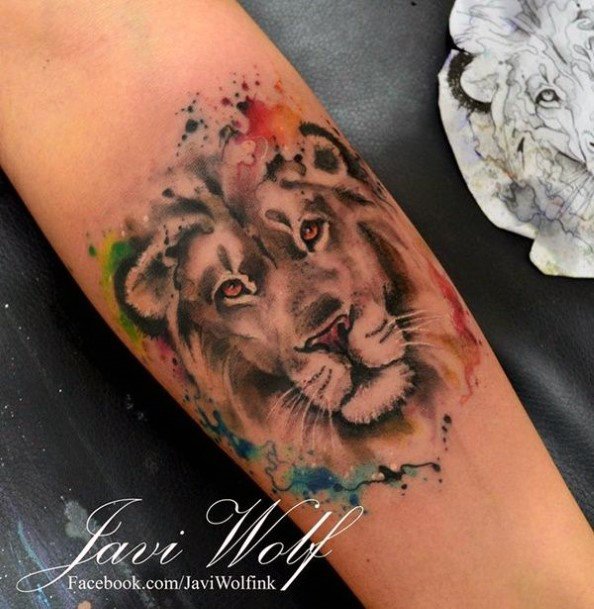 Orange Eyed Lion Tattoo Womens Arms