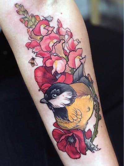 Orange Florals And Bird Tattoo Womens Hands
