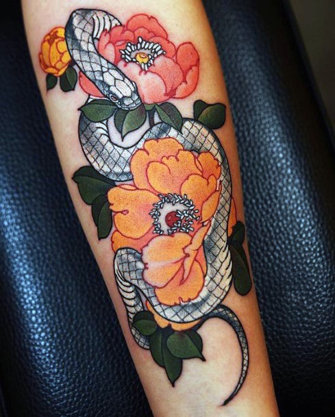 Orange Flower And Grey Snake Tattoo Womens Hands
