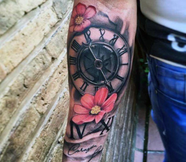 Orange Flowers And Clock Tattoo Womens Arms