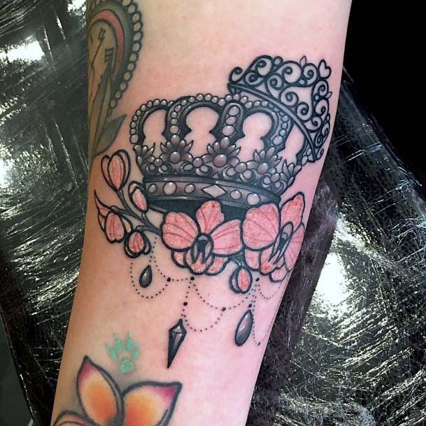 Orange Flowers And Crown Tattoo Womens Hands