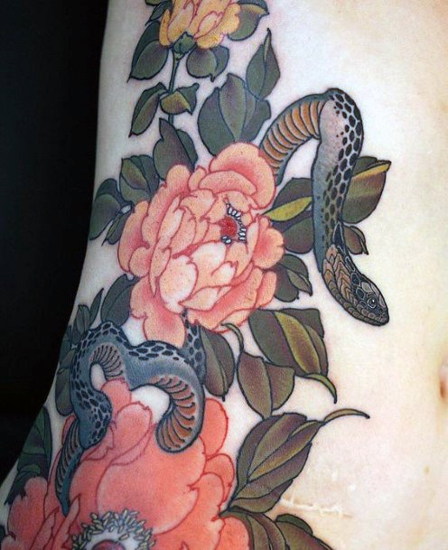 Orange Flowers And Snake Tattoo Women
