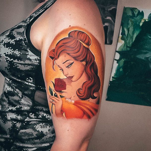 Orange Gold Belle Upper Arm Alluring Ladies Beauty And The Beast Tattoo Ideas
