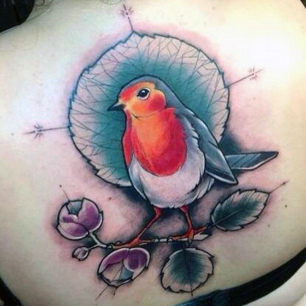 Orange Necked Bird Tattoo Womens Back
