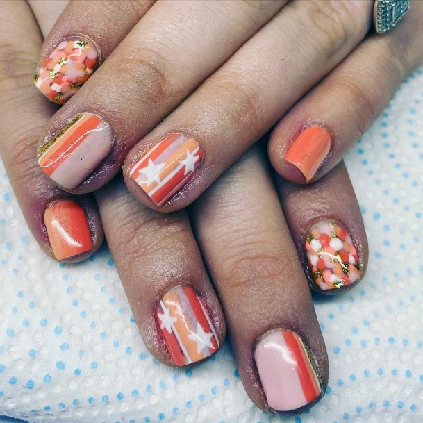 Orange Nude Stripes And Stars Nail Art