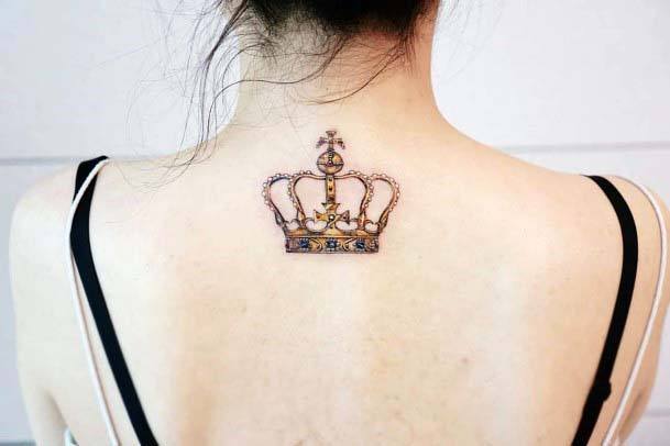 Orange Red Crown Tattoo Womens Back